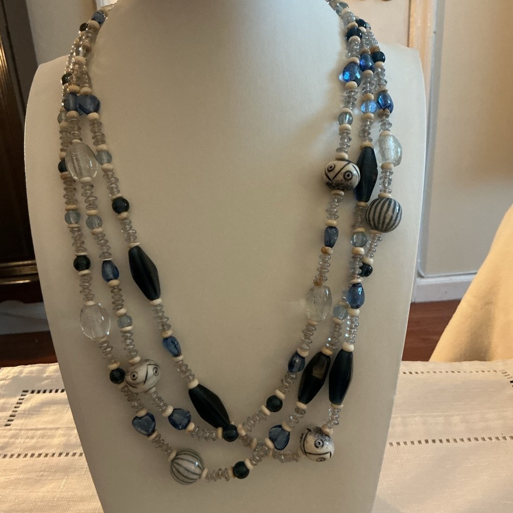 Blue and White Glass Multi Strand Silver Tone Statement Necklace